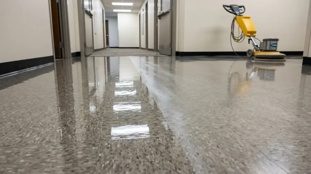 VCT floor stripping and waxing in a New Jersey commercial space